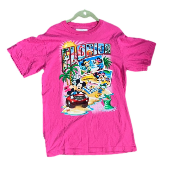 Disney Tops - 🤯VINTAGE Walt Disney Pink Florida Tee w Multicolour Graphic on Front Size Med
